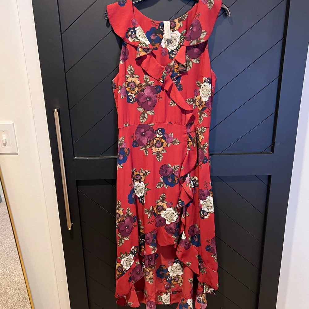 Floral Ruffle Red Dress